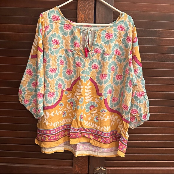 Natural Life Maribel Top Floral Mustard Teal Pink Tassels Elastic Sleeves Border - Picture 2 of 6